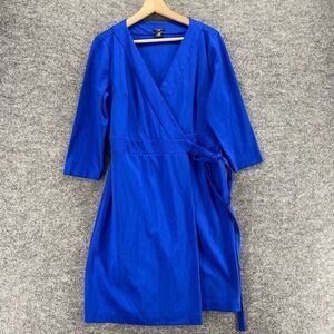 Ann Taylor Dress Women 12P Petite Blue Sheath Midi Belted V-Neck Long Sleeve